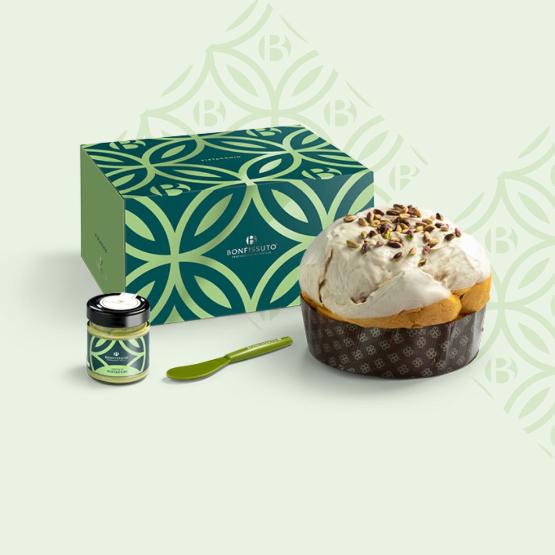 Panettone al pistacchio con scatola 1 Kg e vasetto con crema Bonfissuto