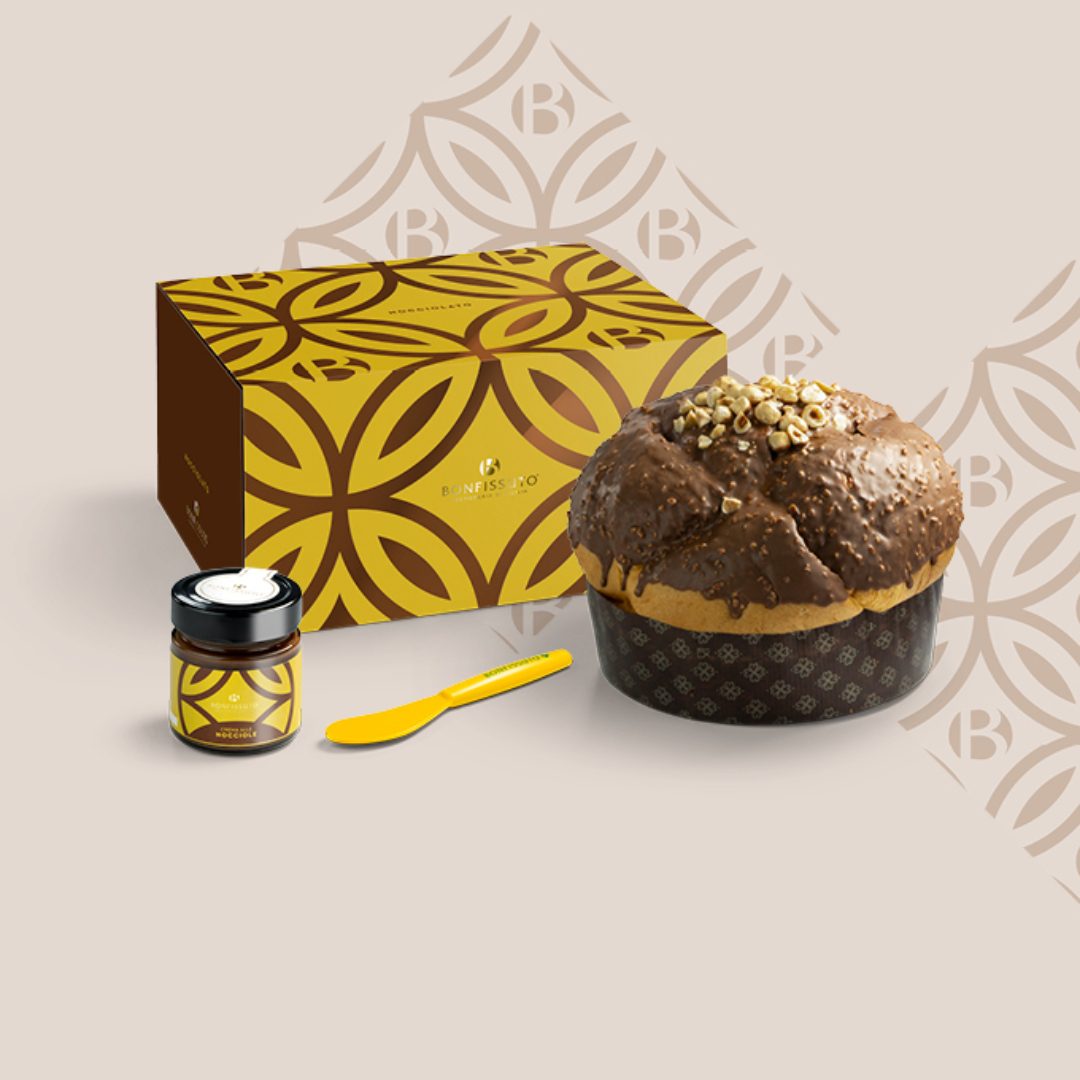 Panettone nocciolato con scatola 1 kg e vasetto di crema Bonfissuto